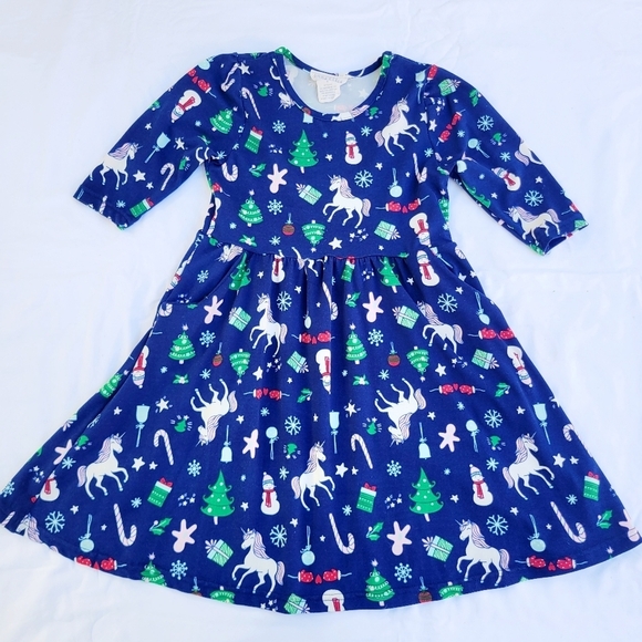 Emma & Elsa Girl's Winter Holiday Unicorn 3/4 Sleeve Dress with Pockets - size 4 - Picture 1 of 4